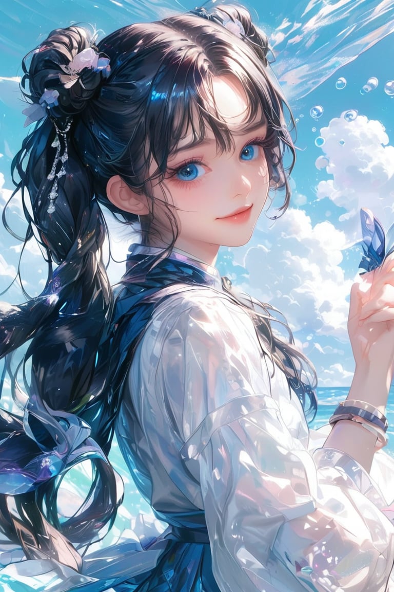 1girl, solo, long hair, twintail hairstyle, looking at viewer, blush, bangs, black hair ornament, jewelry, blue eyes, wavy hair, earrings, cute outfit, parted lips, blurry, eyelashes, ((masterpiece: 2)), excellent quality, light particles, water drop, ((stunning_image: 1.5)), Anime art style.