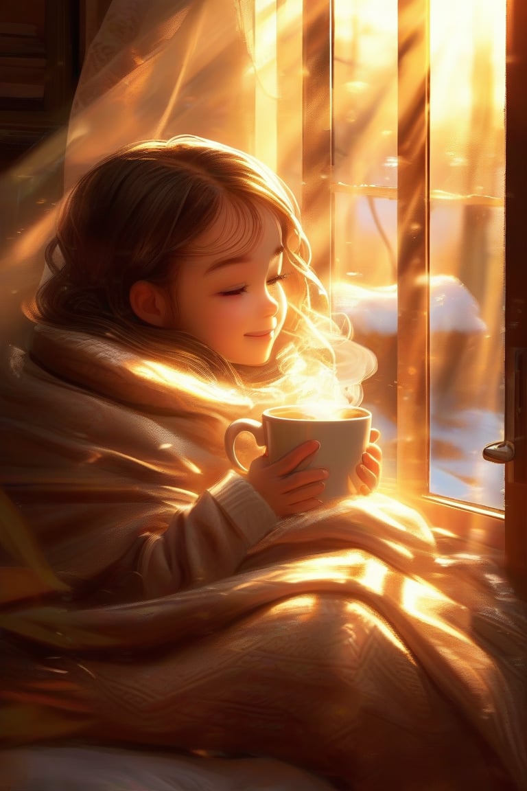 A warm and cozy morning scene: a young girl, wrapped in a soft blanket, sits on a windowsill, gently cradling a steaming cup of coffee in her hands. The golden light of dawn casts a warm glow through the window, illuminating her bright smile as she takes a sip, detail quality Enhancer