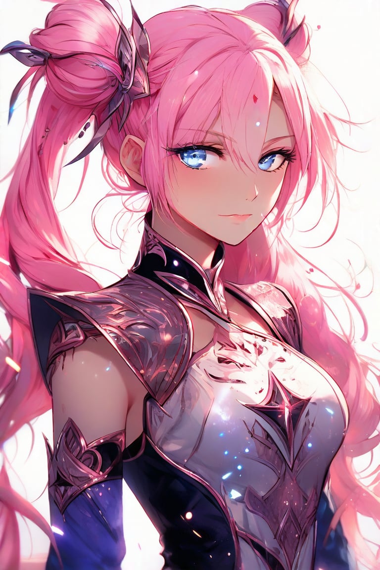 Beautiful girl. She is very badass, she wears a very luxurious outfit. detailed image, detailed skin, upper body, looking at viewer, twintails cut. Pink hair, blue eyes. White background, ((masterpiece: 1.2)), light particles, light particles in background, Anime style.