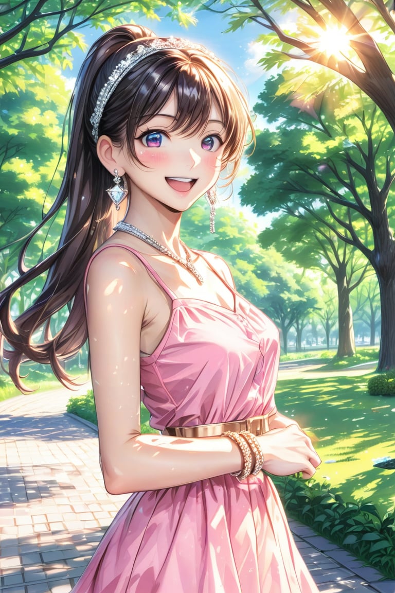 Very pretty girl, casual outfit (silver earrings, pink summer dress, gold hairpin, bare shoulders, bracelets), ponytail hairstyle, masterpiece quality, big park in background, it's days, sunny, sun rays, trees, walking, looking at viewer, little smile, medium shot, stunning image, light particles, Anime style.