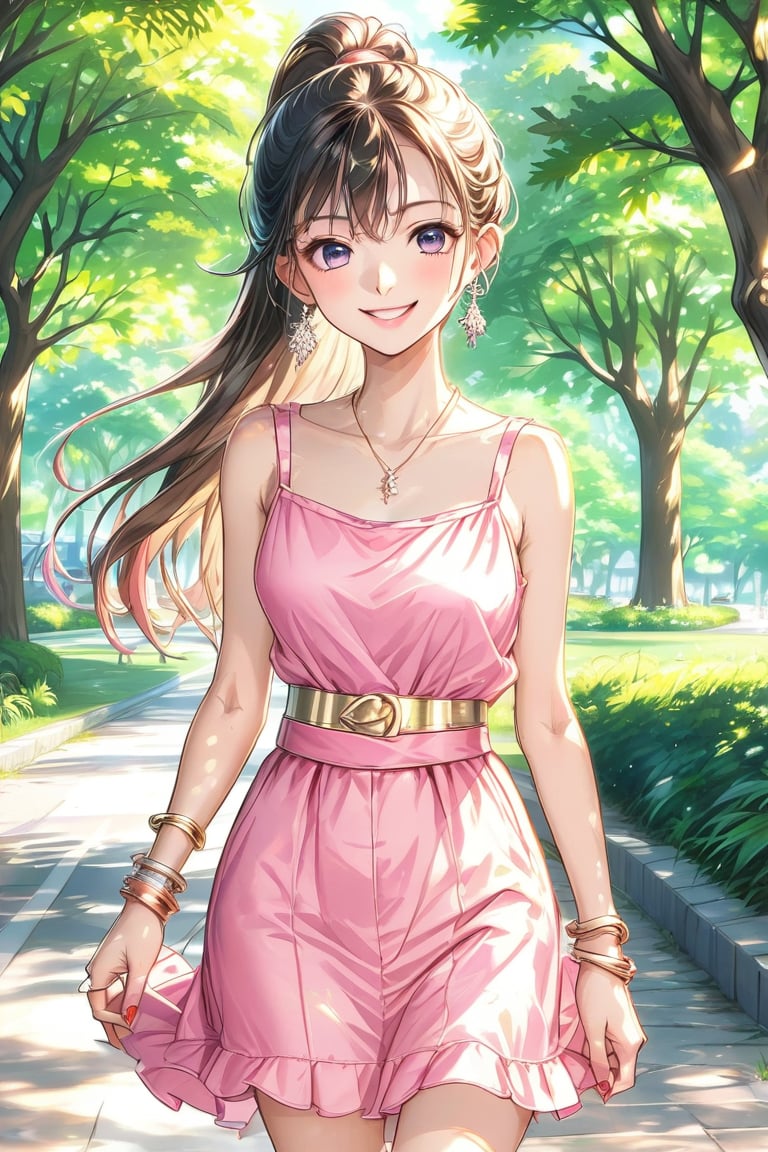 Very pretty girl, casual outfit (silver earrings, pink summer dress, gold hairpin, bare shoulders, bracelets), ponytail hairstyle, masterpiece quality, big park in background, it's days, sunny, sun rays, trees, walking, looking at viewer, little smile, medium shot, stunning image, light particles, Anime style.