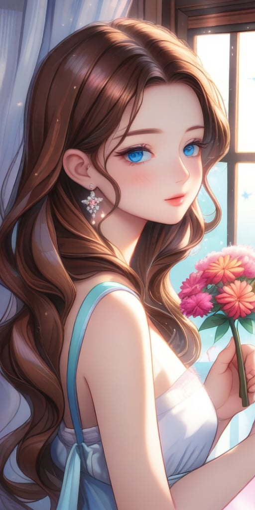 1girl, solo, long hair, looking at viewer, blue eyes, dress, holding, bare shoulders, jewelry, brown hair, upper body, flower, earrings, parted lips, sip a tea in the morning, from side, lips, sparkle, window with lighting background, wavy hair,