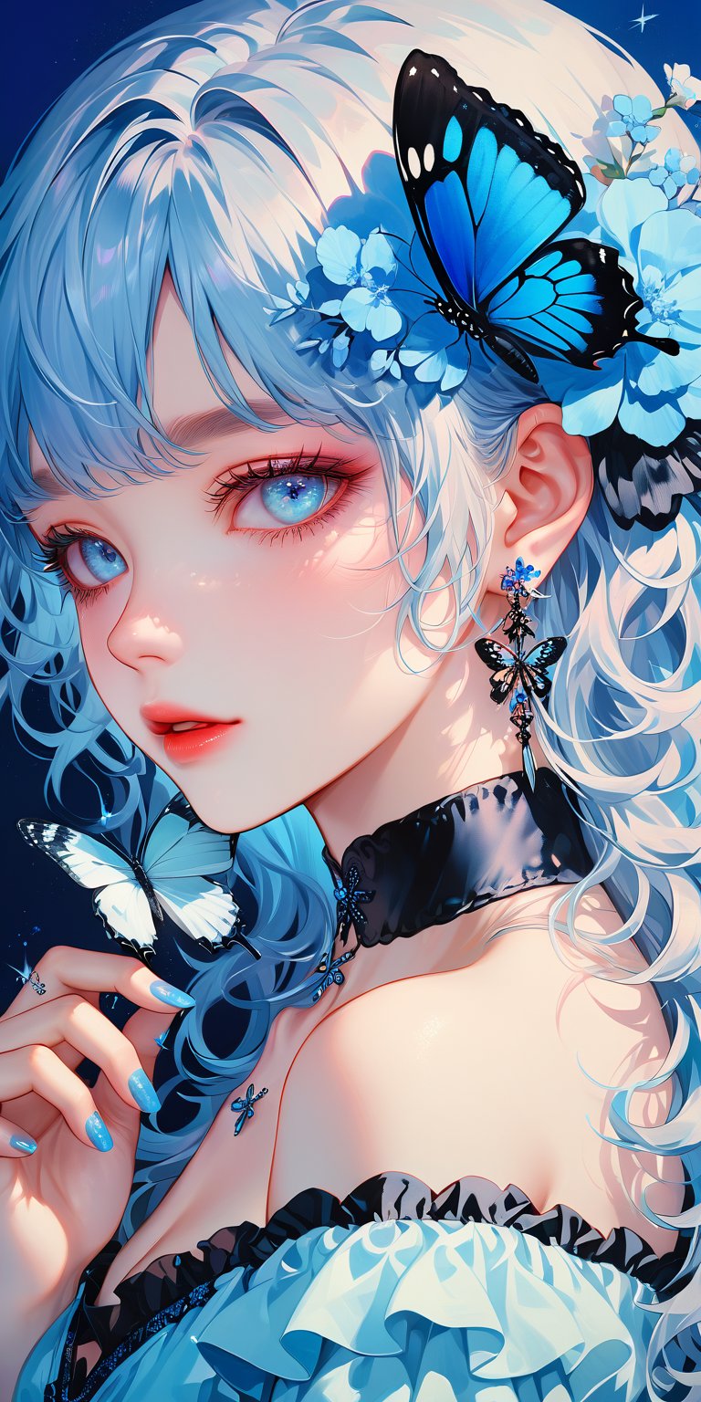 1girl, solo, long hair, looking at viewer, blue eyes, dress, holding, bare shoulders, jewelry, blue hair, upper body, flower, earrings, parted lips, choker, off shoulder, nail polish, from side, lips, sparkle, blue background, wavy hair, black choker, bug, butterfly, blue nails, blue flower, blue theme, holding flower, blue butterfly