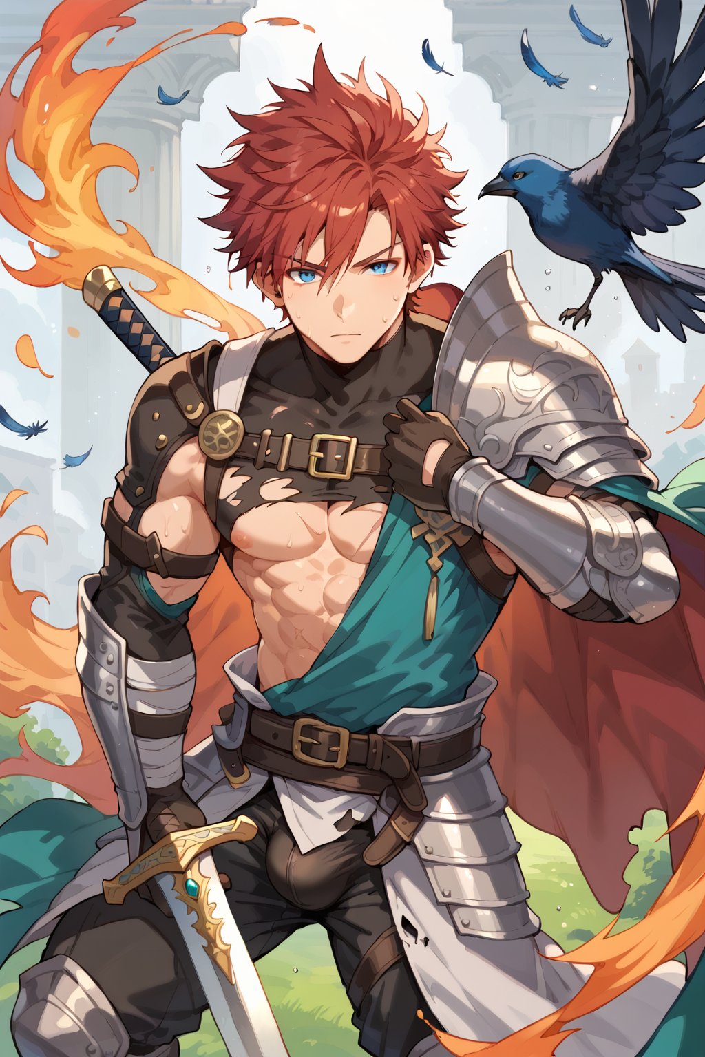 score_9, score_8_up, score_7_up, solo, looking at viewer, short hair, bangs, blue eyes, black hair, gloves, one boy, mouth closed, red hair, weapon, male focus, black gloves, sword, cape, armor, crows flying, Yatagarasu, feathers, spiked hair, shoulder pads, arm pads, destroyed armor, visible muscles, scars, holding a large sword, fire dance, knight, bulge, sweat, sandstorm