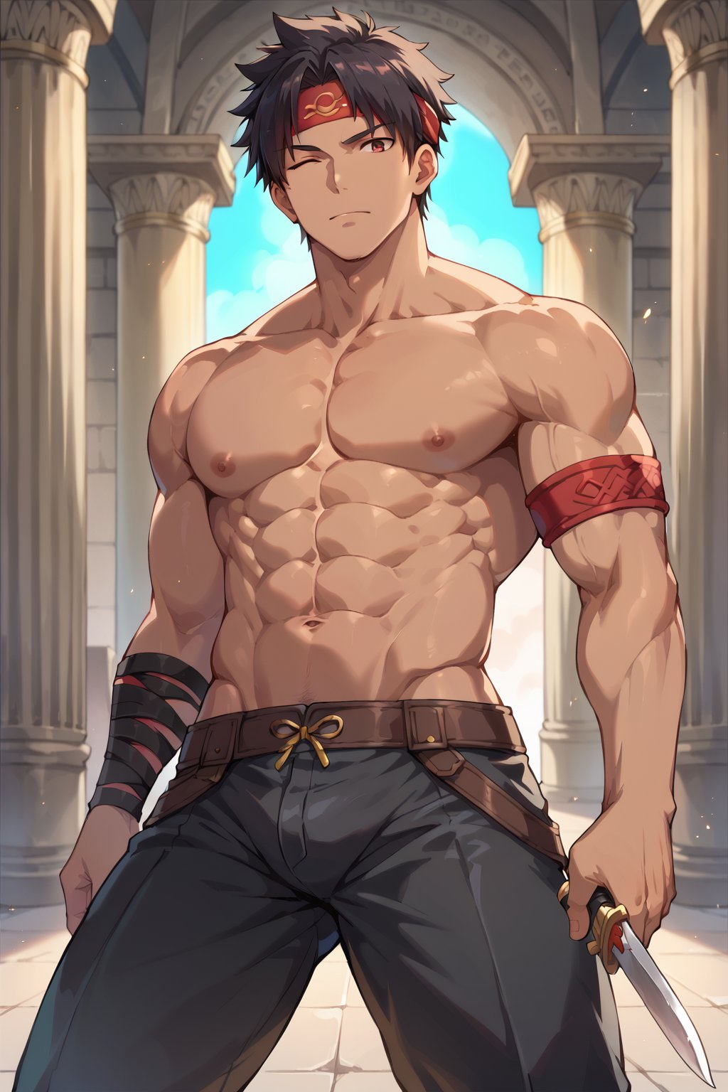 score_9, score_8_up, score_7_up, solo, eye contact, short hair, dark hair, red eyes, 1boy, navel, holding, jewelry, mouth closed, standing, weapon, male focus, piercing, pants, holding weapon, muscular, headband, black pants, abs, knife, pectoral muscles, muscular male,. Armband, Backlit, Glowing, Holding Knife, Dagger, Pillar, Holding Dagger, Pillar, Brown Skin