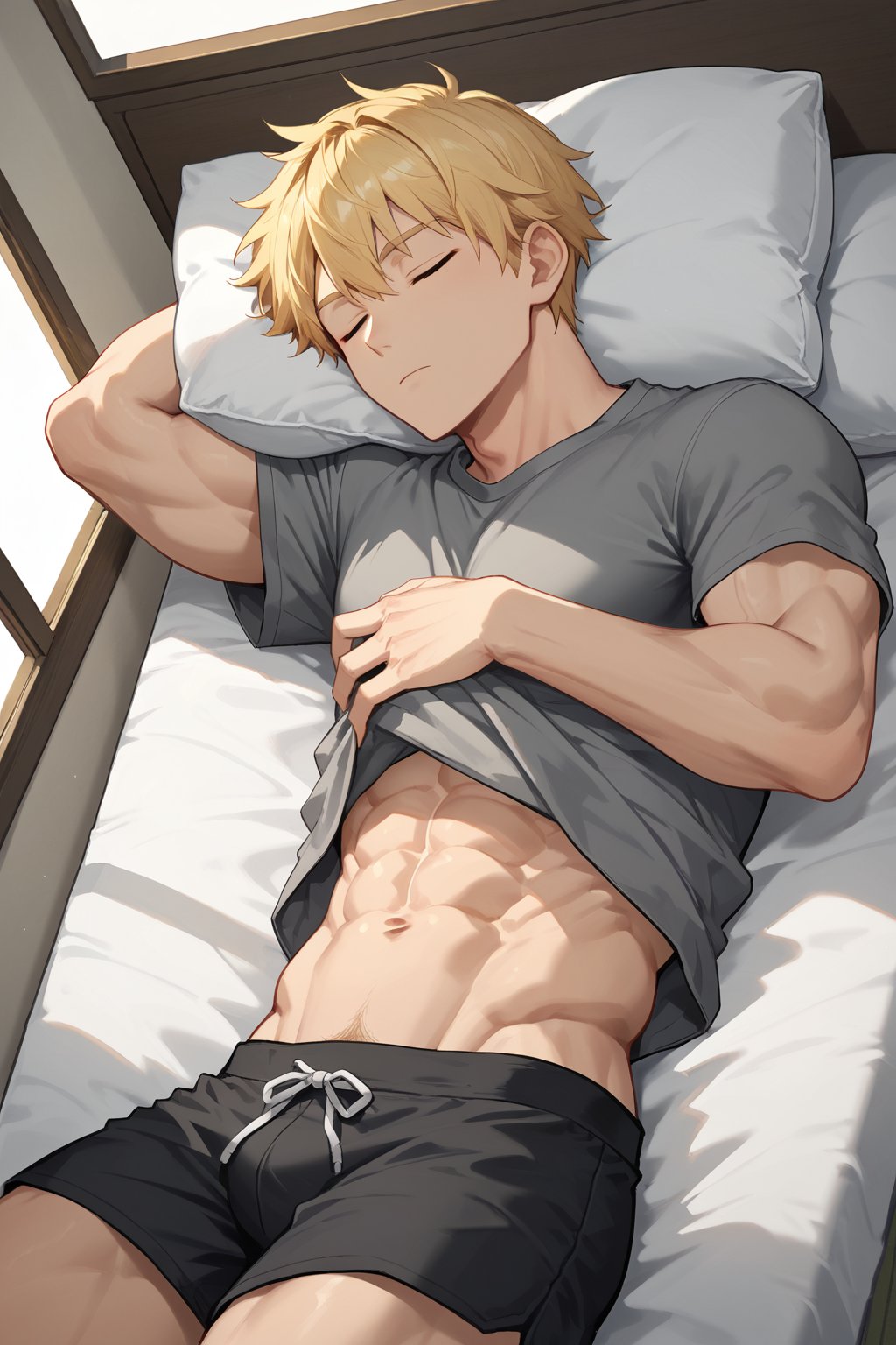 Prompt
score_9, score_8_up, score_7_up, solo, short hair, blonde hair, light yellow hair color, shirt, one boy, eyes closed, short sleeves, male focus, lying down, shorts, indoors, pillow, window, on bed, sideways, black shorts, sunlight, sleeping, t-shirt, grey shirt, hug, body pillow, clothes flipped up, muscular, abs