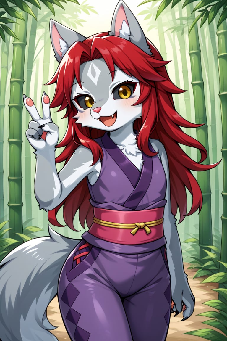 (masterpiece), 1 girl, best quality, expressive eyes, perfect face. female, furry, kemono, gray fur, wolf, black sclera, yellow eyes, petite, flat chest, pettanko, long hair, red hair, pink nose, cute, fluffy tail,

(masterpiece), 1 girl, best quality, expressive eyes, perfect face. female, furry, kemono, gray fur, wolf, black sclera, yellow eyes, petite, flat chest, pettanko, long hair, red hair, pink nose, cute, fluffy tail,

peace sign, happy expression, fangs,

purple ninja outfit, purple pants,

bamboo forest,