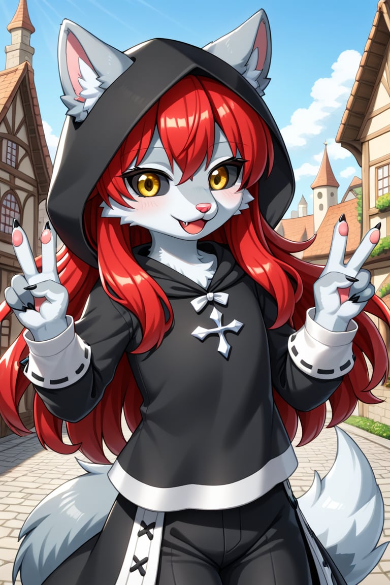 (masterpiece), 1 girl, best quality, expressive eyes, perfect face. female, furry, kemono, gray fur, wolf, black sclera, yellow eyes, petite, flat chest, pettanko, long hair, red hair, pink nose, cute, fluffy tail,

(masterpiece), 1 girl, best quality, expressive eyes, perfect face. female, furry, kemono, gray fur, wolf, black sclera, yellow eyes, petite, flat chest, pettanko, long hair, red hair, pink nose, cute, fluffy tail,

peace sign, happy expression, fangs,

medieval clothes, black hood, black pants, black top,

medieval city, rooftop,