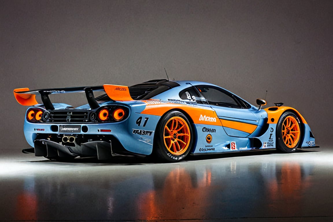 A 1995 McLaren F1 GTR (#41),Dominant,Dimly Lit Garage,Sleek,Blue, Orange, Black,White Lights,Aggressive Aerodynamics,Prominent Rear Wing,Dark Gray Floor,Michelin Logo,Kenwood Logo,Imposing Stance,Competitive Spirit,Dramatic Lighting,Composition,Iconic Supercar,Ready to Pounce,Realistic,Landscape,Artistic,Creative,Surreal,Photo,realistic,landscape,artistic,creative,surreal,photo