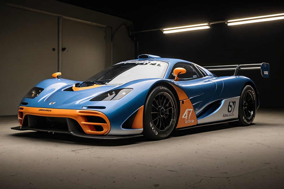 A blue, orange, and black, 1995 McLaren F1 GTR race car is parked in a dimly lit garage. The car has the number 41 on its side and is facing towards the right of the frame. The car is in front of a series of white lights that come from windows or doorways. The car is on a dark, gray floor. The car has a Michelin logo on the front, and a Kenwood logo below. The car's race number can be seen behind the front wheel. The car has an aggressive, aerodynamic design and a large rear wing. The image is likely from a car show or a magazine spread, as the lighting and composition make the car look very dramatic.