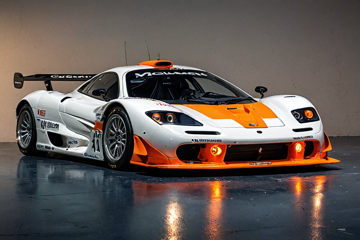 A 1995 McLaren F1 GTR (#41),Dominant,Dimly Lit Garage,Sleek,Blue, Orange, Black,White Lights,Aggressive Aerodynamics,Prominent Rear Wing,Dark Gray Floor,Michelin Logo,Kenwood Logo,Imposing Stance,Competitive Spirit,Dramatic Lighting,Composition,Iconic Supercar,Ready to Pounce,Realistic,Landscape,Artistic,Creative,Surreal,Photo,realistic,landscape,artistic,creative,surreal,photo