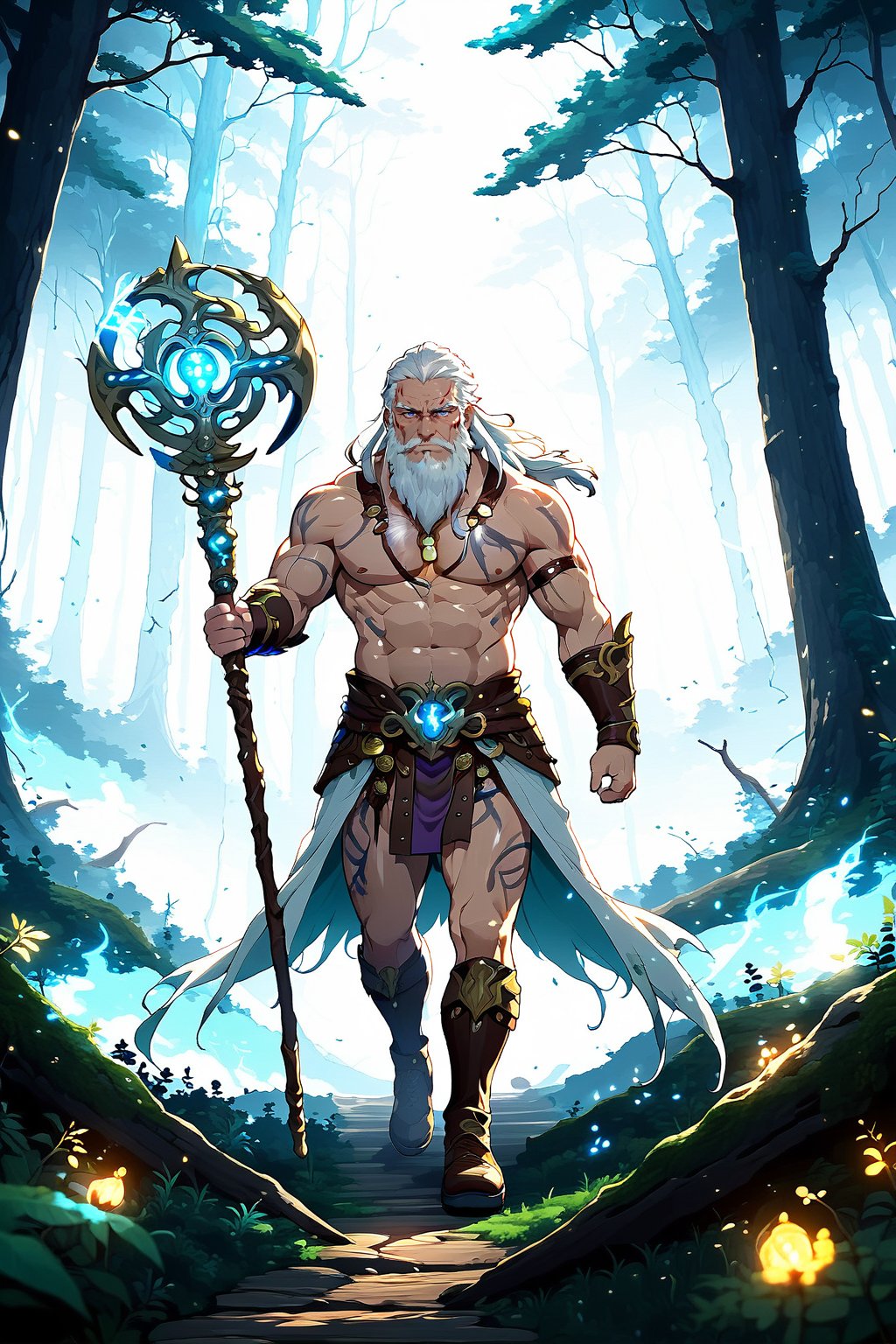 4K Wallpaper.  A muscular old man with a long white beard and a scar across his chest walking through a dark forest path while leaning on his staff.