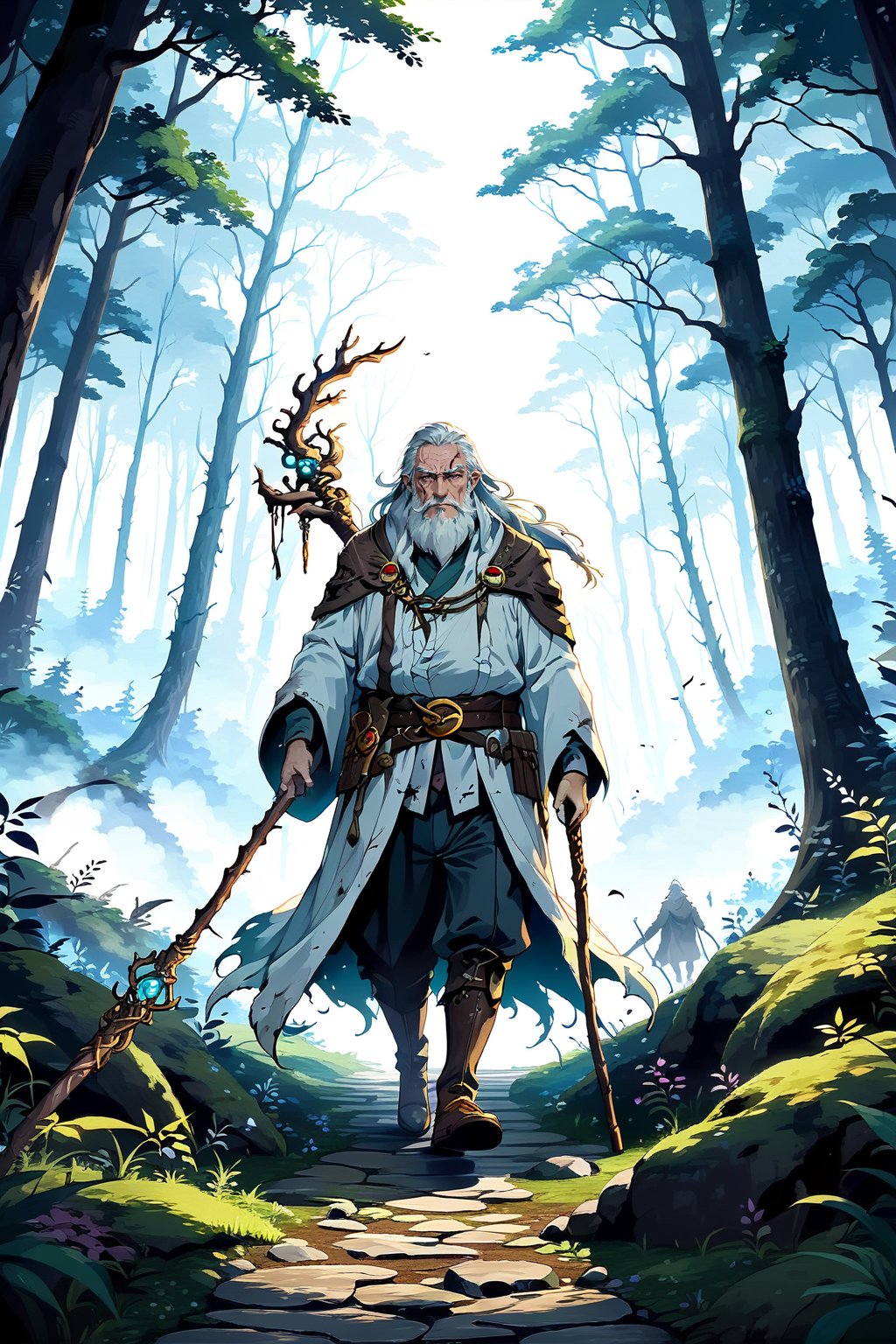 4K Wallpaper.  A decrepit old man with a long white beard and a scar across his chest walking through a dark forest path while leaning on his staff.