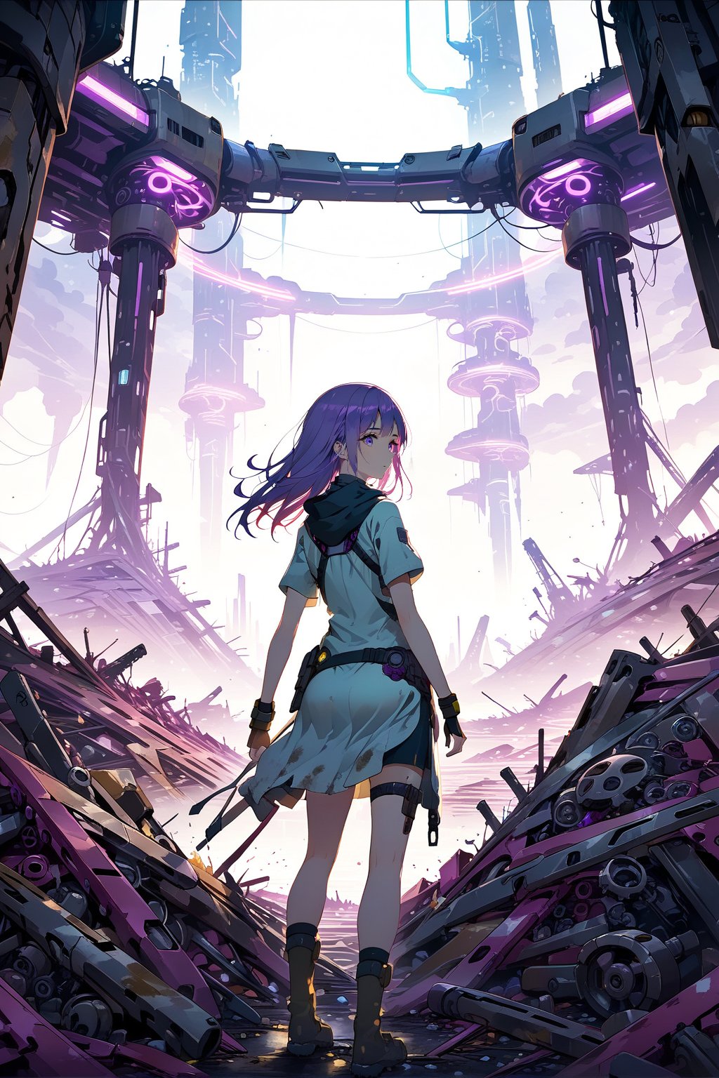 Masterpiece.  Perfect lighting. 4K wallpaper.  A lone woman with purple hair and covered in grime digging through a pile of discarded mechanical parts in a futuristic wasteland.