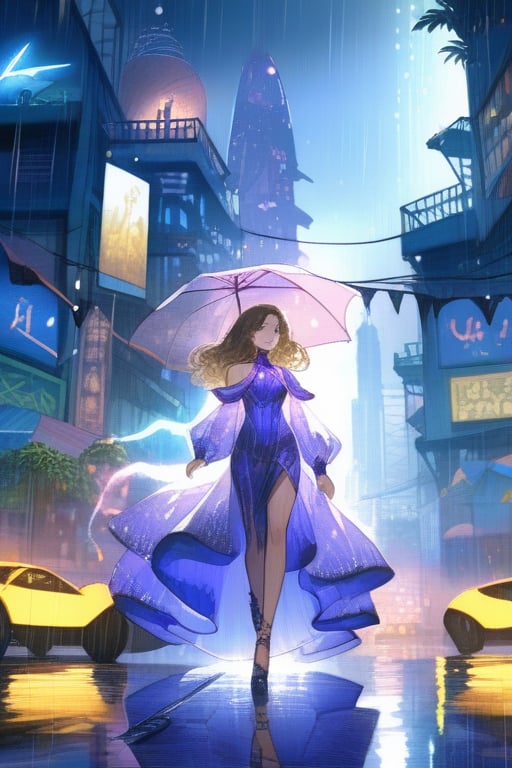 Masterpiece. 8k wallpaper. Perfect focus. Perfect lightning. Futuristic cityscape at night. A beautiful woman in a slim fitting even gown stands on a rain covered sidewalk looking pensively at the dark night sky while shining vehicles fly by through the neon jungle.