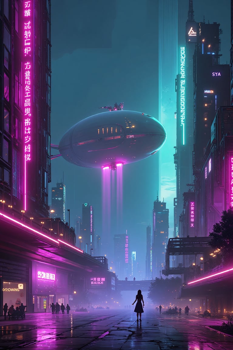 Masterpiece.  Perfect lighting.  8K wallpaper.  A futuristic sci-fi nighttime landscape dazzles brilliantly with buildings trimmed in pink, purple and green neon.  A zeppelin, anchored to the tallest building, waits patiently as the final passengers board.  One woman at the bottom of the loading ramp looks up in wonder.