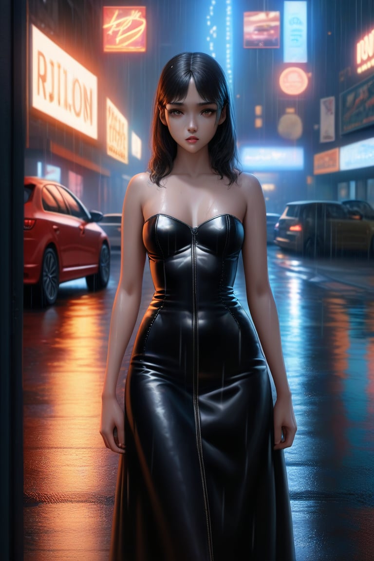 Masterpiece. 8k wallpaper. Perfect focus. Perfect lighting. Realistic. 23 years old.  Woman standing on sidewalk.  Wearing a strapless leather outfit.  Forlorn expression.  Rainy night.  Neon signs in background.  Cars driving past in foreground.