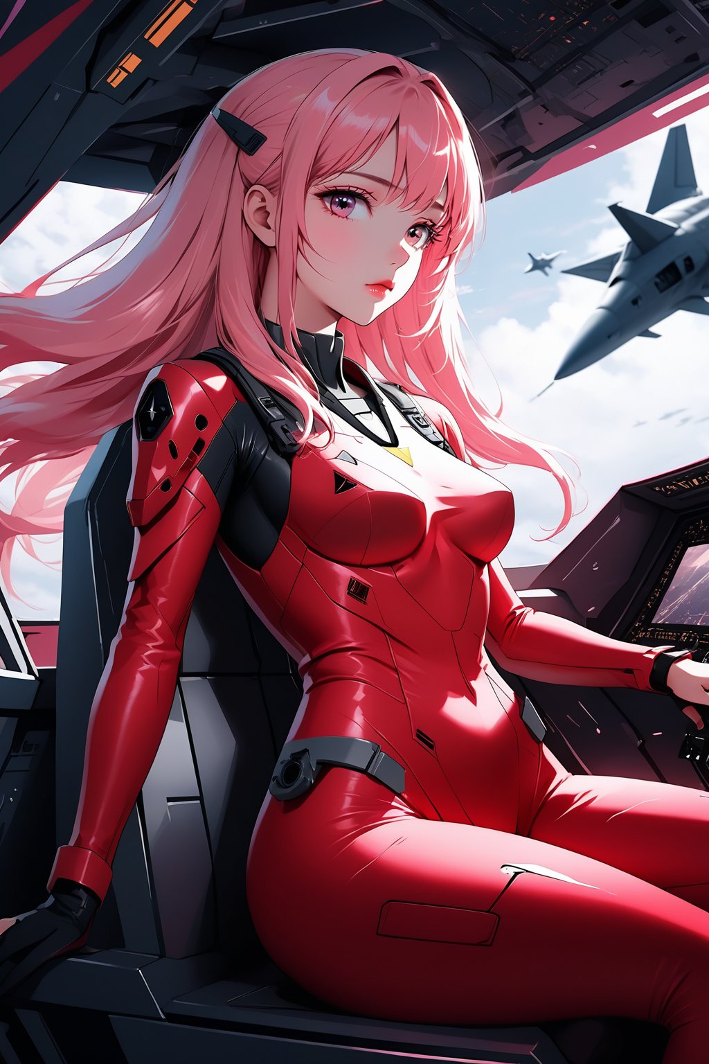 Masterpiece.  Perfect lighting.  4K wallpaper.  A stoic pink haired girl in a skintight red suit sitting in the cockpit of a white and black F-22.