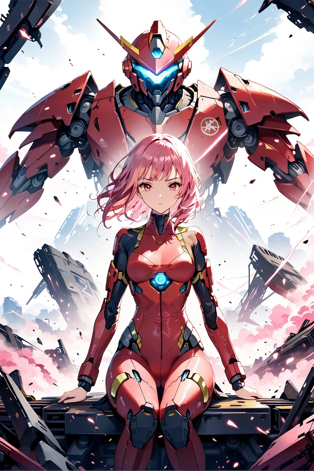 Masterpiece.  Perfect lighting.  4K wallpaper.  A stoic pink haired girl in a skintight red suit sitting in the cockpit of a giant robot.  In the view screen is a trail of destruction left in the robot's path.