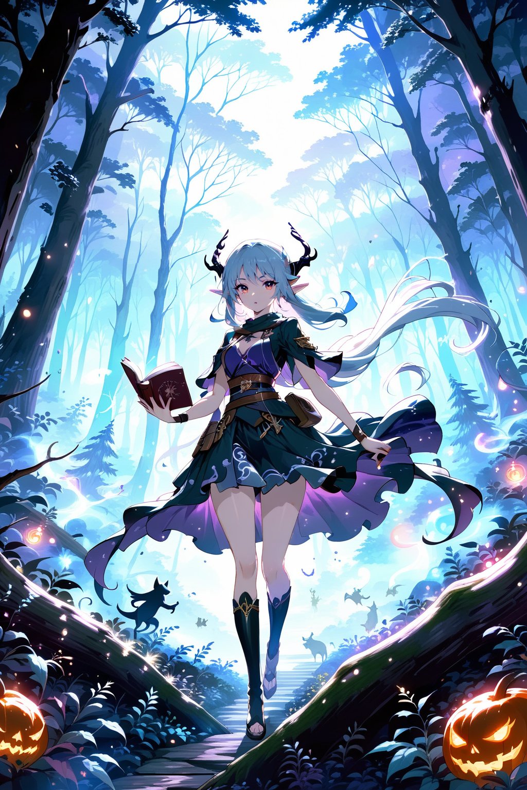 4K Wallpaper.  Masterpiece.  In the style of Masamune Shirow.  A dark elf princess in a simple tunic and carrying a book of spells walking cautiously through a haunted forest at night.