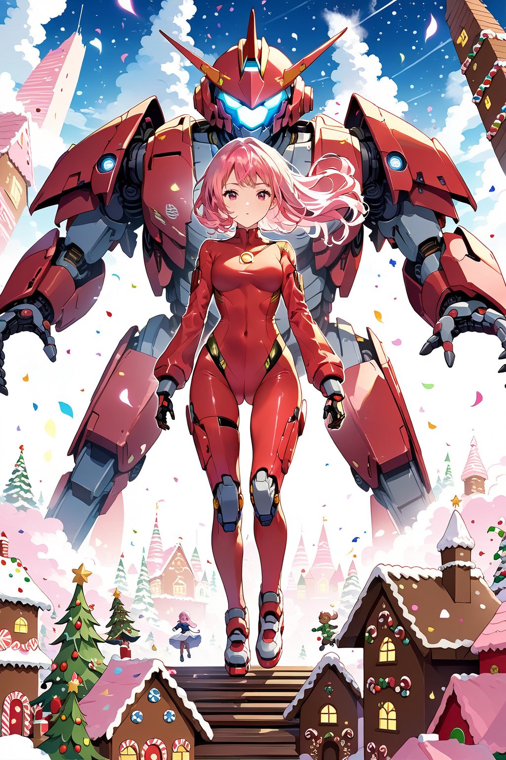 Masterpiece.  Perfect lighting.  4K wallpaper.  A stoic pink haired girl in a skintight red suit is riding on top of a giant robot.  The robot is stepping on a gingerbread house.  