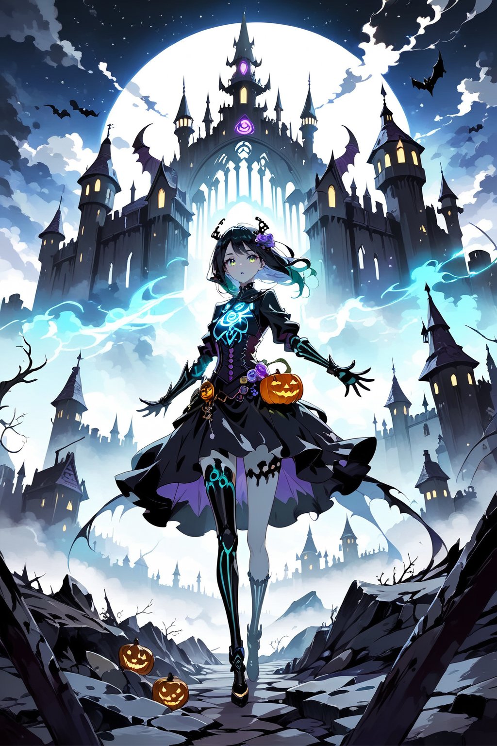 A hauntingly beautiful scene unfolds: a mysterious woman, her face replaced by a glowing jack-o'-lantern, poses eerily against a desolate backdrop. Soft, golden lighting illuminates her features, casting long shadows across the cracked earth. In the distance, a crumbling castle looms, its turrets reaching towards the darkening sky like skeletal fingers. The subject's outstretched hand beckons the viewer to follow her into the darkness, as if drawn by an otherworldly force.