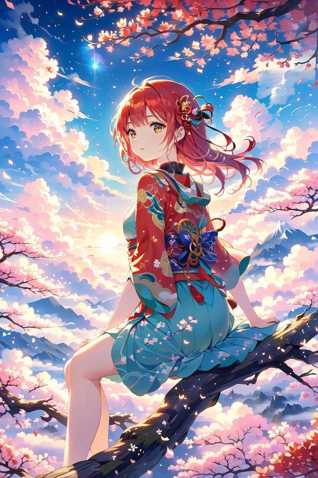 Masterpiece.  Perfect lighting. 4K wallpaper. A red headed Japanese girl sitting on a branch high up in a tree and marveling at the clouds.