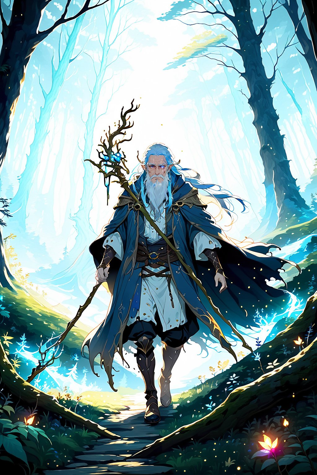 4K Wallpaper.  A decrepit old man with a long white beard and a scar over his left eye and leaning on a staff walking with a dark elven princess blue hair through a dark forest path.