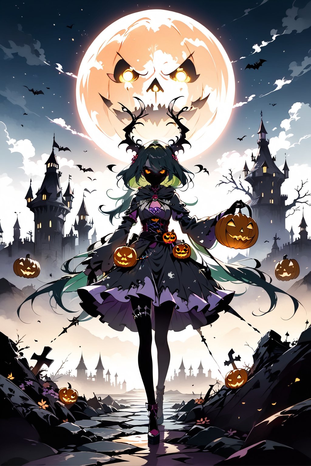 Masterpiece.  Perfect lighting. 4K wallpaper.  A feminine yet sinister figure with a jack-o-lantern for a head beckoning the viewer to follow her towards a distant, decrepit castle silhouetted on a grim horizon.