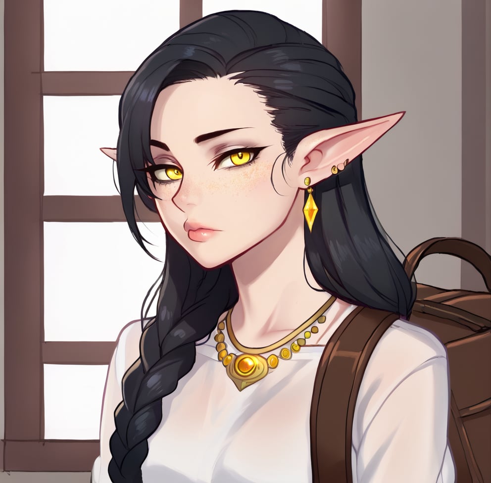 1girl, solo, long hair, looking at viewer, black hair, jewelry, closed mouth, yellow eyes, upper body,  braid, earrings, pointy ears, bag, colored skin, freckles,ratatatat74 artstyle,Eyes,Beautiful eyes, lips ,sexy lips