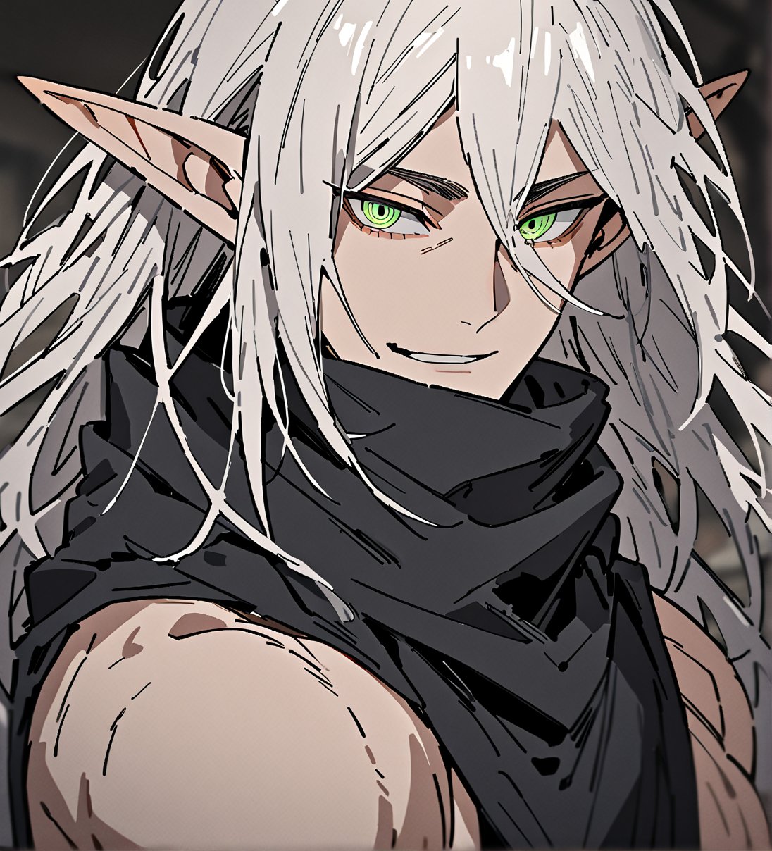 score_9,1boy, men, solo, face, only face, focus male, long hair, white hair, baggy eyes , muscle body, green eyes, pointy ears, elf ears, soft skin, Beautiful eyes, defined body, dark colors, loose clothing, ninja cloths, detailed eyes, happy face, looking at the viewer,JeanKirstein, 