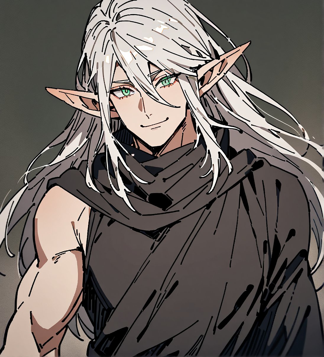 score_9,1boy, men, solo, half body, focus male, long hair, white hair, baggy eyes , muscle body, green eyes, pointy ears, elf ears, soft skin, Beautiful eyes, defined body, dark colors, loose clothing, ninja cloths, detailed eyes, happy face, looking at the viewer,JeanKirstein, 