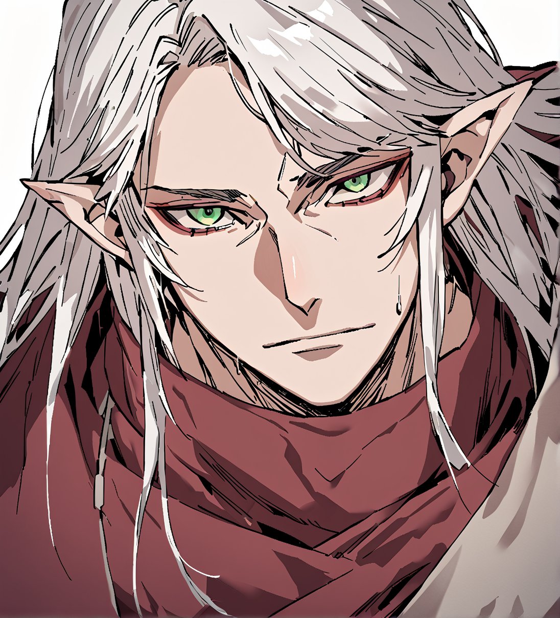 score_9,1boy, men, solo, upper body, focus male, long hair, white hair, baggy eyes , muscle body, green eyes, pointy ears, elf ears, soft skin, Beautiful eyes, defined body, dark colors,  akatsuki cloak,  akatsuki cloths,loose clothing, detailed eyes, normal face, looking at the viewer,JeanKirstein