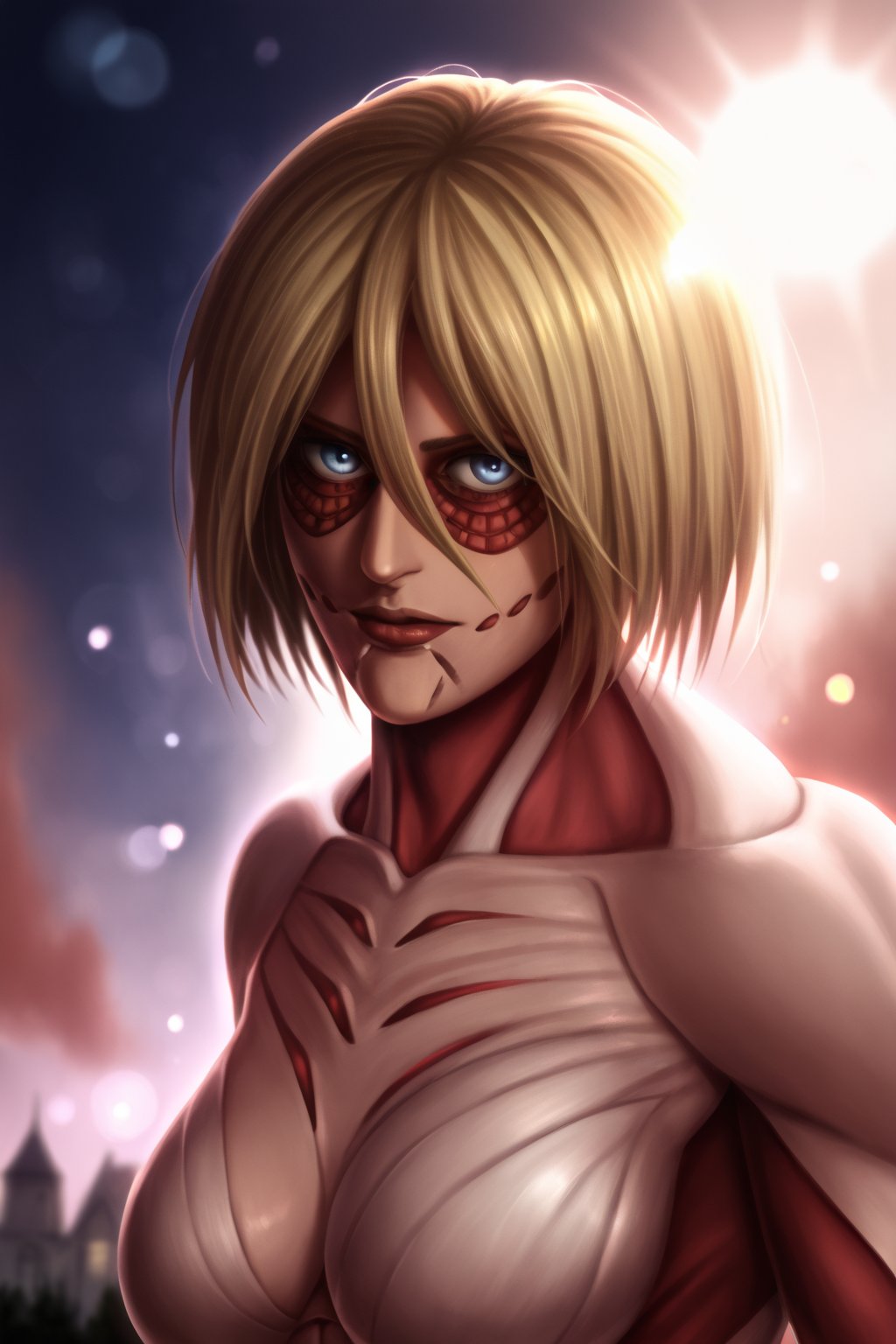 Attack on Titan Annie, Post-apocalytic, Female Titan, Bokeh, nffsw, Side lighting, A hyper-realistic, Ray tracing, upper body, Fall, super mad, Mad Female Giant, apocalypse, Realistic Titans, look from down,