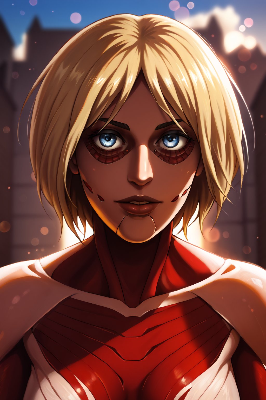 Attack on Titan Annie, Post-apocalytic, Female Titan, Bokeh, nffsw,  upper body,   Mad Female Giant, apocalypse, Realistic Titans