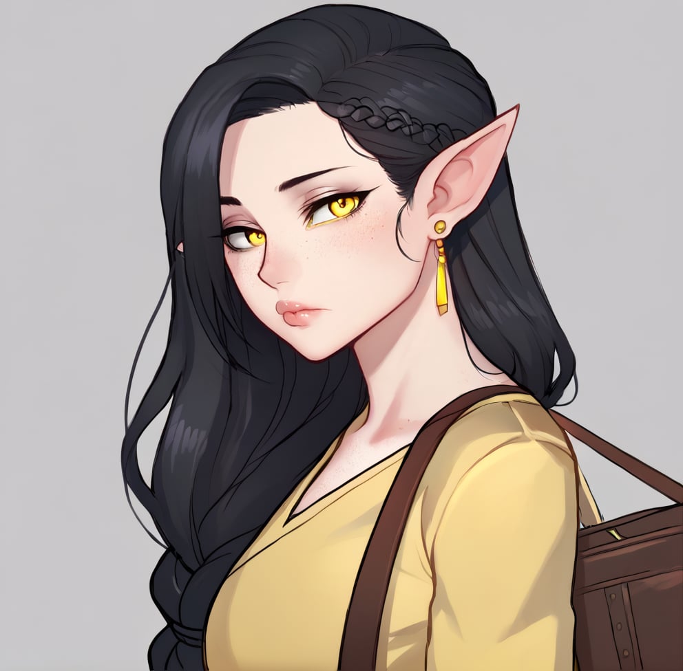 1girl, solo, long hair, looking at viewer, black hair, jewelry, closed mouth, yellow eyes, upper body,  braid, earrings, pointy ears, bag, colored skin, freckles,ratatatat74 artstyle,Eyes,Beautiful eyes, lips ,sexy lips