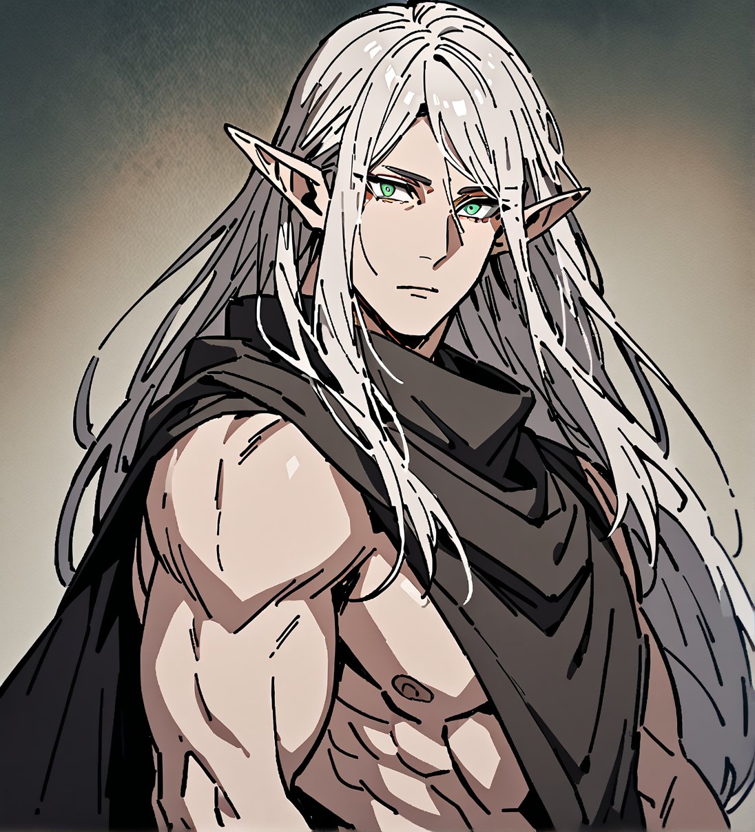 score_9,1boy, men, solo, half body, focus male, long hair, white hair, baggy eyes , muscle body, green eyes, pointy ears, elf ears, soft skin, Beautiful eyes, defined body, dark colors, loose clothing, ninja cloths, detailed eyes, normal  face, looking at the viewer,JeanKirstein, 