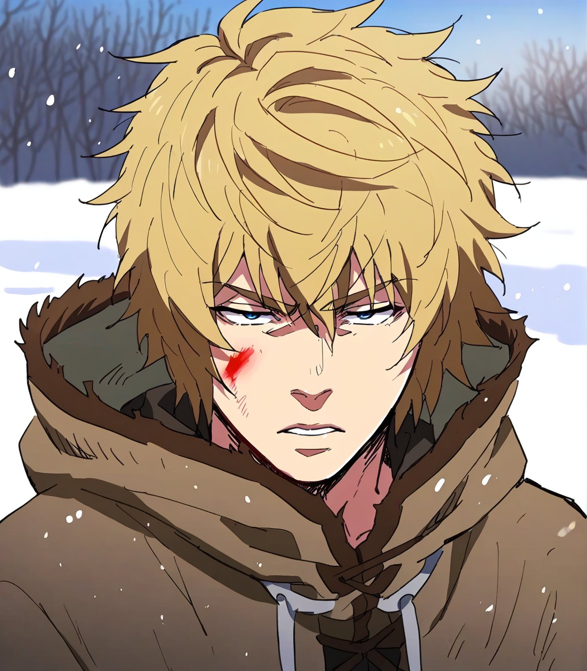 score_9, score_8_up, score_8,
A close-up profile view of Thorfinn, a 17-year-old blonde-haired boy with short hair and visible eyes peeking through the strands. His face is contorted in anger, revealing bloody wounds . Ragged clothes cover his muscular physique, which is only partially visible from this side-angled view. The overall composition should evoke a sense of intensity and turmoil.background of a snowy forest, showing the entire body standing in the snow, looking towards the horizon