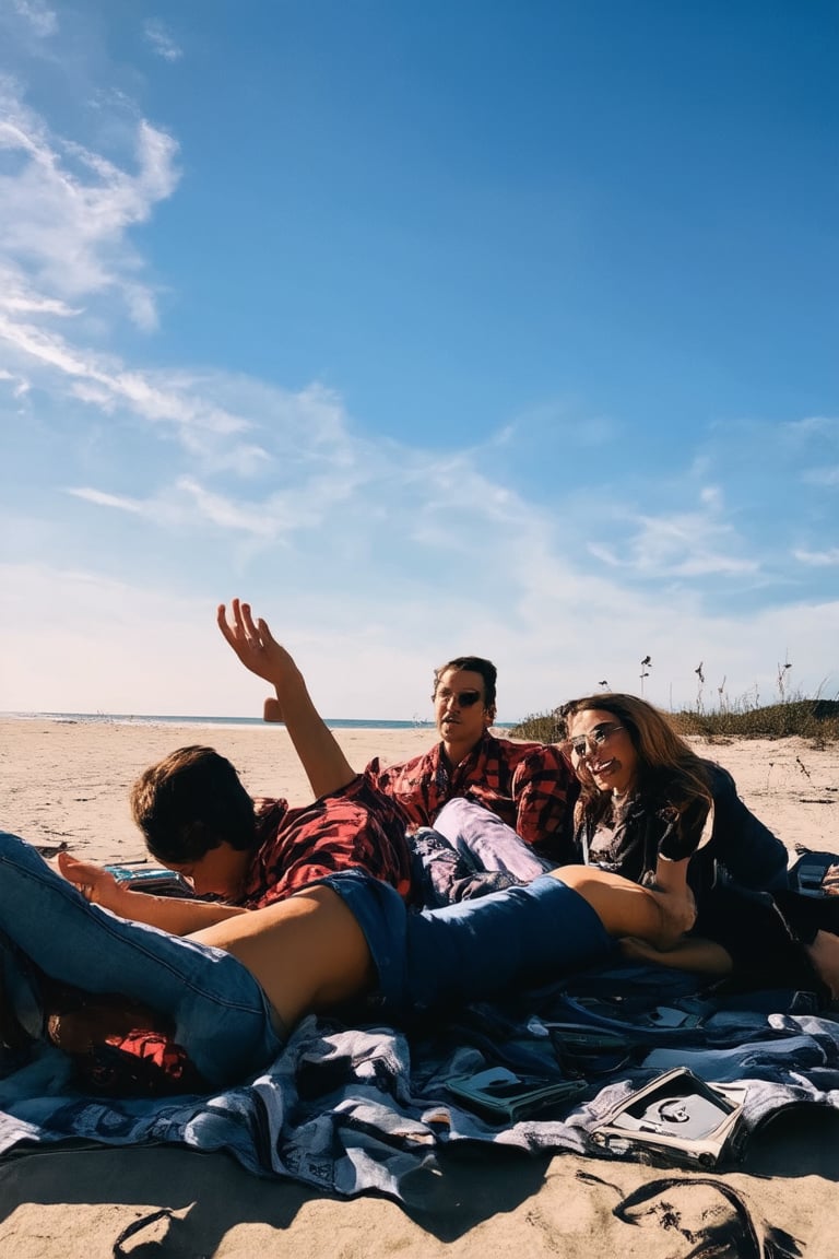 A nostalgic snapshot of a carefree 1990s summer afternoon,  captured in warm,  sun-kissed tones: think flannel shirts by L...