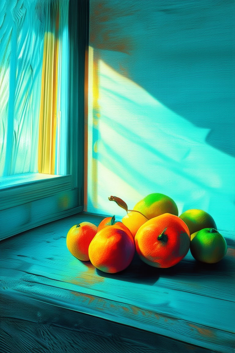 A vibrant and colorful still life arrangement is set against a bright white background. A medley of juicy fruits in various shades of orange, yellow, and red are artfully arranged on a vintage wooden table. The warm sunlight streaming through the window highlights the textured surface of the fruits, casting a subtle glow on the surrounding area.