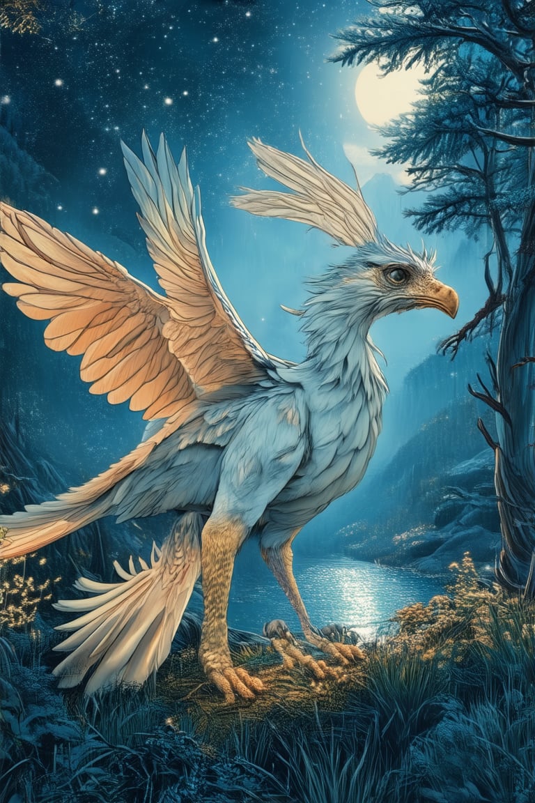 A majestic Griffin perches atop a mystical forest glade, its piercing eyes gazing out at a shimmering moonlit lake. The creature's majestic wings spread wide, as if ready to take flight, against a backdrop of misty mountains and twinkling stars. Softly glowing trees surround the scene, their leaves rustling gently in the night breeze.