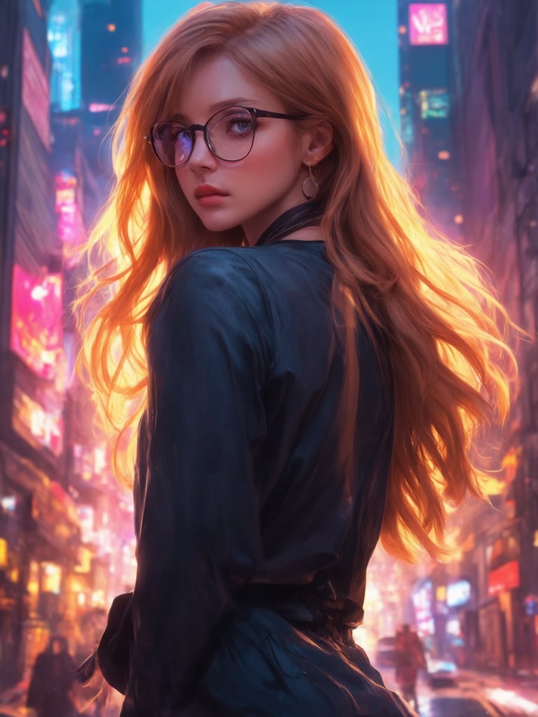 In a neon-drenched cyberpunk metropolis, a captivating girl with clear glasses stands out against a vibrant backdrop of sprawling cityscapes. Her golden-hued locks cascade down her back like a waterfall of sunset hues. The intricate details of her outfit and accessories are rendered in exquisite 32K UHD resolution, inviting the viewer to marvel at every delicate feature. Her eyes, a masterpiece of detailed expression, sparkle with warmth, radiating heartwarming, uplifting charm. As she steps forward, the soft glow of light leaks and subsurface scattering illuminates her face, accentuating the rim light that casts a flattering glow on her features. The deep background, replete with vibrant complementary colors, serves as a striking contrast to the sharp focus on our heroine, creating a truly stunning digital painting worthy of artstation's finest artists, such as Artgerm and Loish.