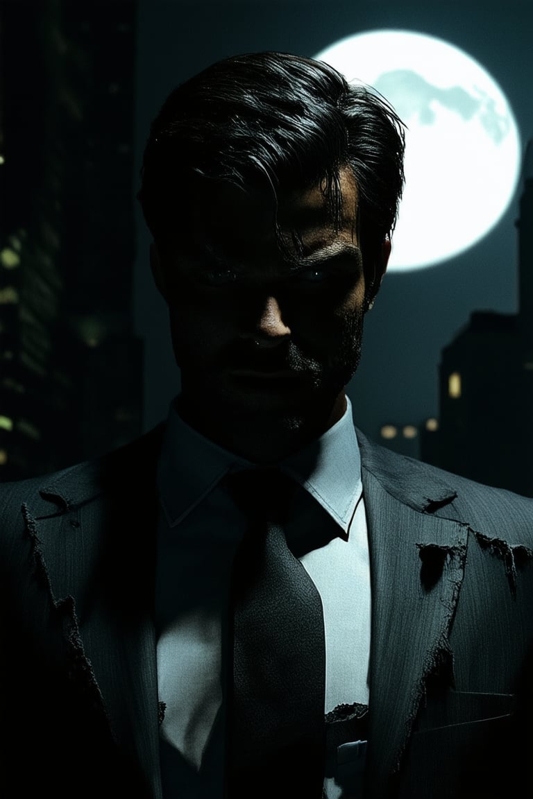 A dark figure emerges from the shadows, a brooding hero with piercing eyes and chiseled features. Framed by the faint light of a full moon, his rugged silhouette stands out against the darkened cityscape. His suit is tattered, his tie loose, and his expression a mix of determination and desperation.