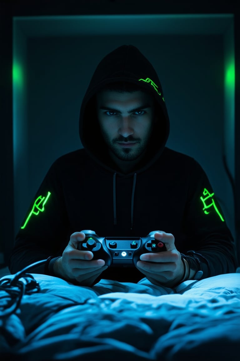 A close-up shot of a charismatic gamer, dressed in a sleek black hoodie with neon green accents, holding a gaming controller tightly in their hands. The lighting is dim and moody, with a faint blue glow emanating from the screen. Framed against a dark background, the character's face is illuminated by the soft light, highlighting their determined expression. A messy bed of wires and cables surrounds them, adding to the chaotic atmosphere.