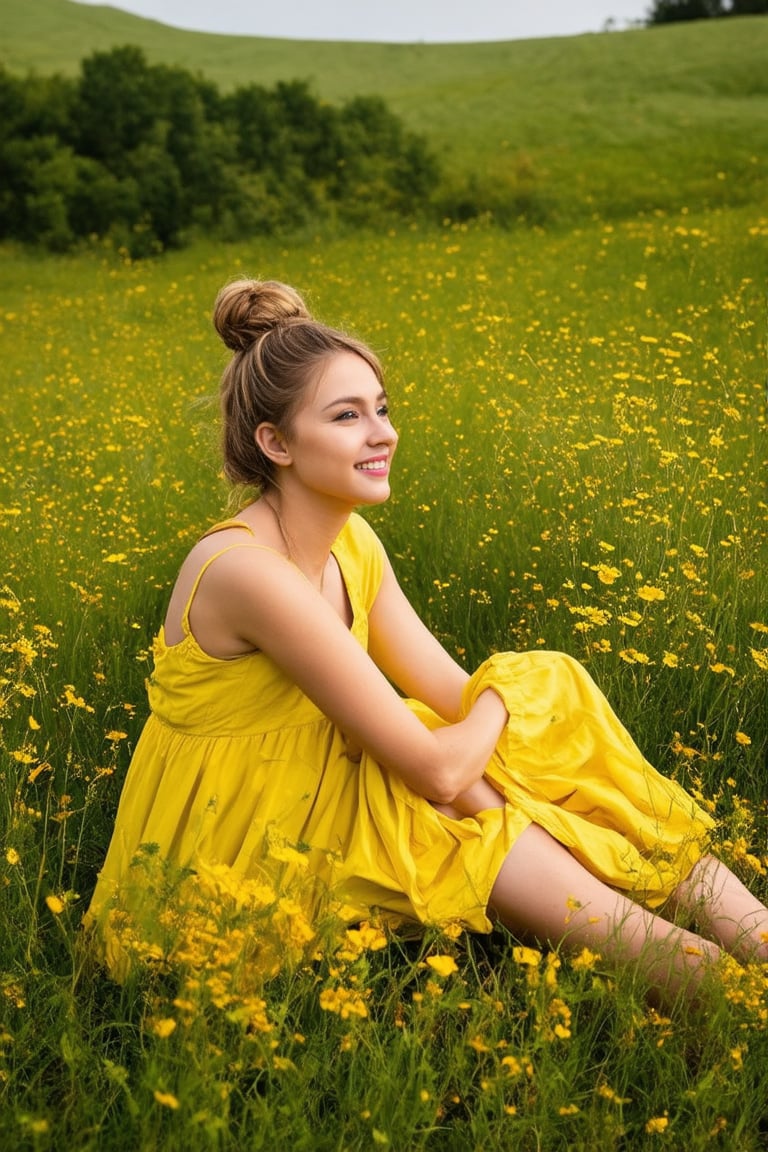 Golden hour sunlight casts a warm glow on a lush green meadow, filled with vibrant wildflowers of every color, swaying gently in the summer breeze. A young woman, dressed in a flowy yellow sundress, sits cross-legged amidst the blooms, her hair tied back in a messy bun, and a warm smile on her face as she gazes out at the rolling hills.