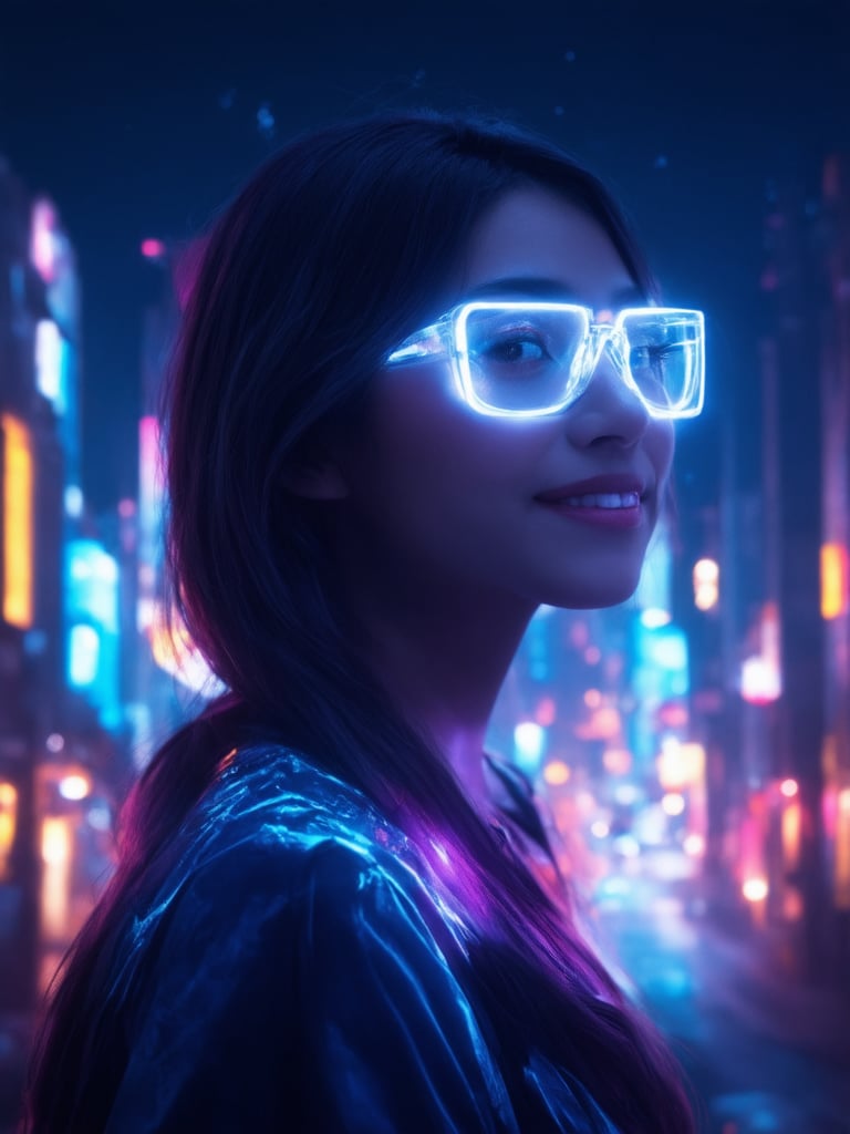 In a futuristic cityscape bathed in neon hues, a captivating cyberpunk girl stands out amidst the bustling metropolis. Wearing clear neon glasses that glow with an ethereal intensity, she exudes confidence and poise. Framed by the golden ratio's harmonious proportions, her intricate features are rendered in exquisite detail, from the delicate curves of her facial structure to the sharp definition of her eyes. The scene is set against a deep, starry night sky, where light leaks and subsurface scattering create an otherworldly ambiance. Rim light highlights her profile, casting a warm glow on her charming smile. The overall composition is a masterpiece of UHD quality, with vibrant complementary colors and a sharp focus that draws the viewer's eye to the subject's captivating gaze.