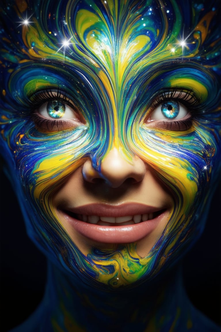 A vibrant 3D rendering of a face with a kaleidoscope of colors, set against a dark gradient background to make the hues pop. The subject's features are bright and bold, with swirling patterns of blue, green, and yellow dancing across their skin. A mischievous glint in their eye sparkles like a gemstone, as they gaze directly at the viewer with an enigmatic smile.