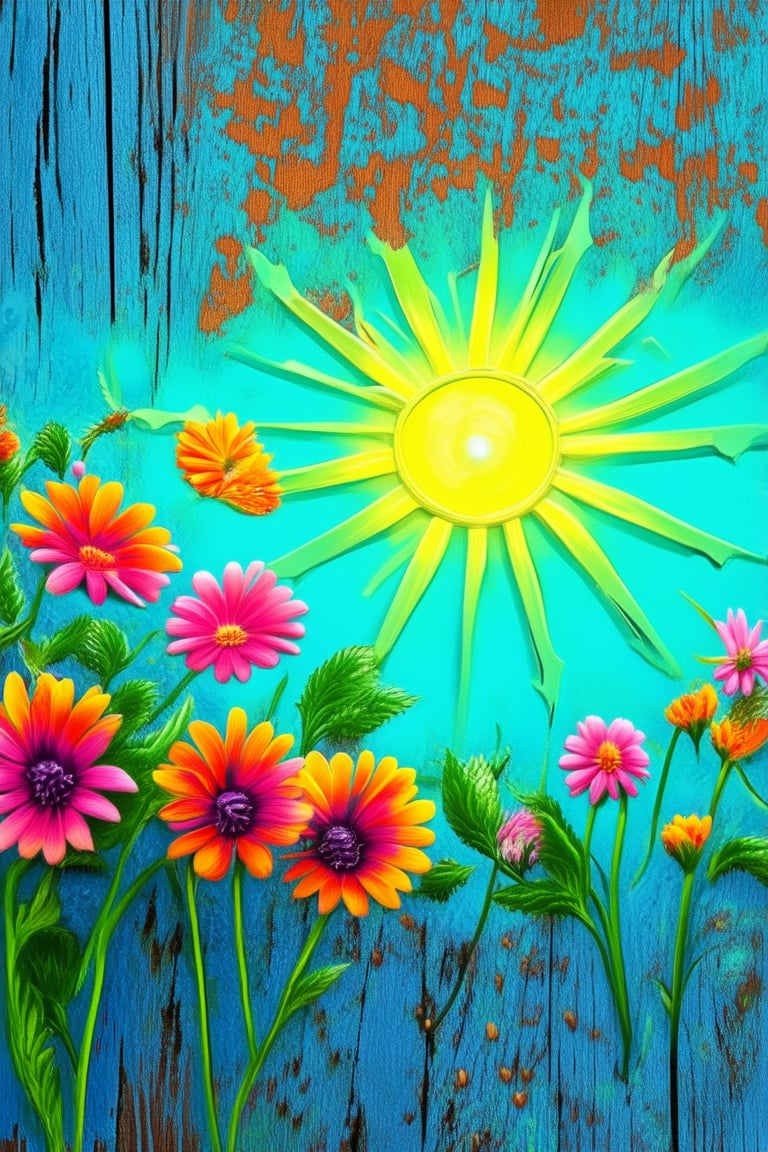 A bold and vibrant still life composition features a kaleidoscope of colorful flowers arranged in a whimsical pattern on a...