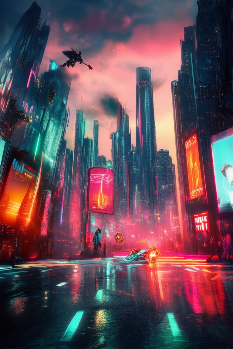 A futuristic cityscape at dusk: neon-lit skyscrapers pierce the smog-filled sky as humans and robots coexist amidst a backdrop of holographic advertisements. In the foreground, a sleek hovercar zooms past a street performer juggling laser lights. The atmosphere is charged with an air of innovation and rebellion.