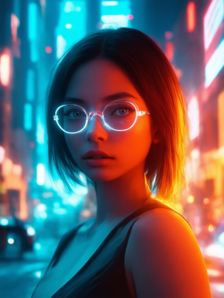 In a neon-drenched cyberpunk cityscape, a captivating girl with clear, glowing glasses stands out amidst the futuristic landscape. Framed by a subtle vignette, she poses confidently, her face illuminated by soft rim light and subsurface scattering, accentuating her golden ratio proportions. The background glows with vibrant complementary colors, while light leaks add an air of mystery. Her detailed eyes sparkle, set against a highly textured, intricate face, rendered in smooth 32k UHD glory.